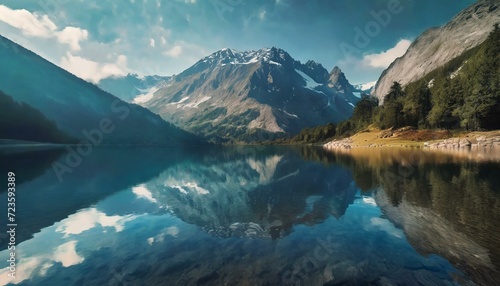 Alpine Reflections: Mirror-Like Lake Surface Mirrors the Stillness of Majestic Peaks, Invoking Reflective Wilderness and Peaceful Mountain Vista. Generative AI