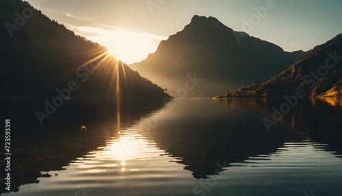 Alpine Reflections: Mirror-Like Lake Surface Mirrors the Stillness of Majestic Peaks, Invoking Reflective Wilderness and Peaceful Mountain Vista. Generative AI