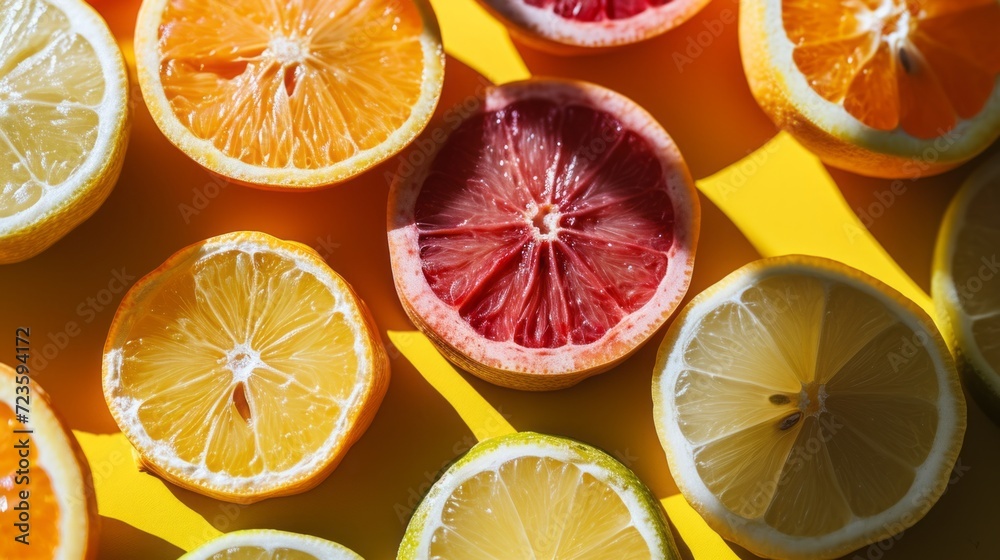 Close-up View of Freshly Cut Citrus Fruits on Vibrant Yellow Background Close-up View of Freshly Cut Citrus Fruits on Vibrant Yellow Background