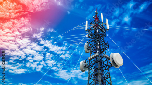 Communication Tower and Technology Concept: Blue Sky and Wireless Network, Ideal for Modern and Industrial Themes