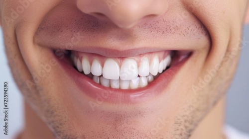 Cropped shot of a young Caucasian smiling man. Teeth whitening. Dentistry, dental treatment