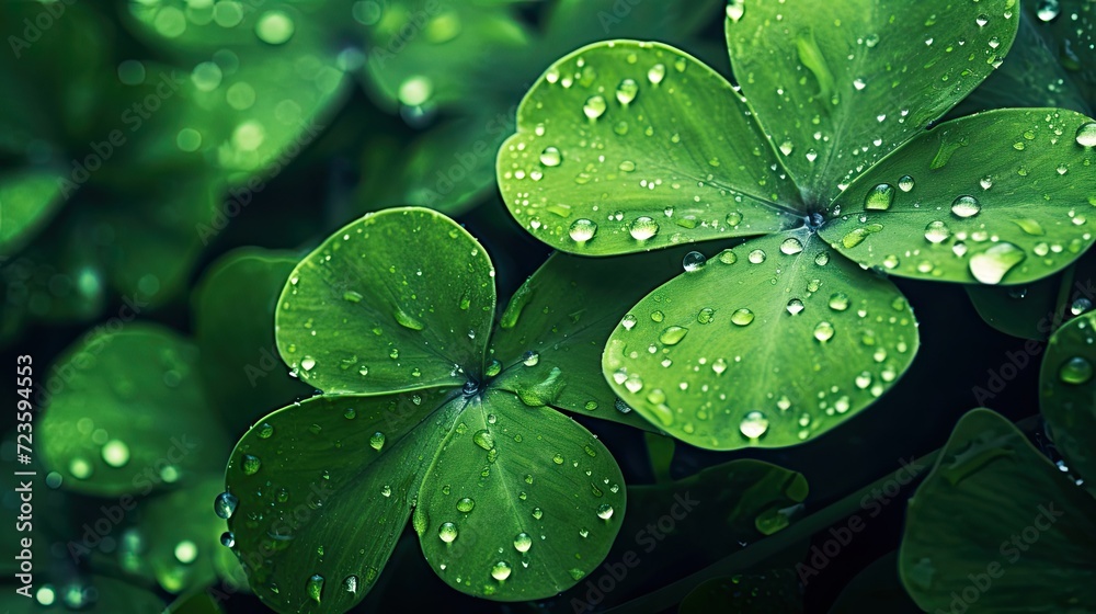 Fototapeta premium Raindrops on Green Clover Leaves