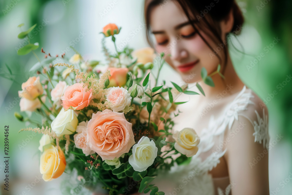 Naklejka premium Radiant Bride Ready to Throw Bouquet at Reception