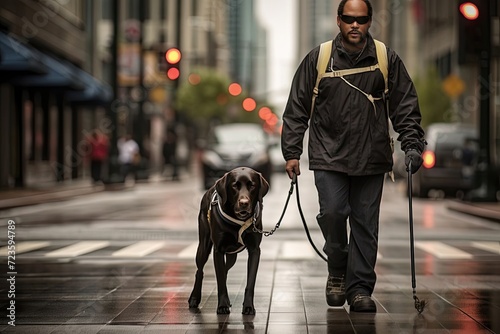 Loyal guide dog assisting visually impaired person to cross the street