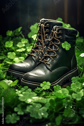 A Pair of Boots Sitting in a Field of Clover
