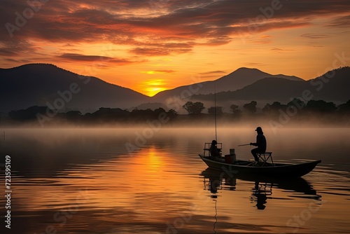 Sunrise Fishing: Peaceful Morning with Fishermen, Cloudy Skies, and Reflective Waters