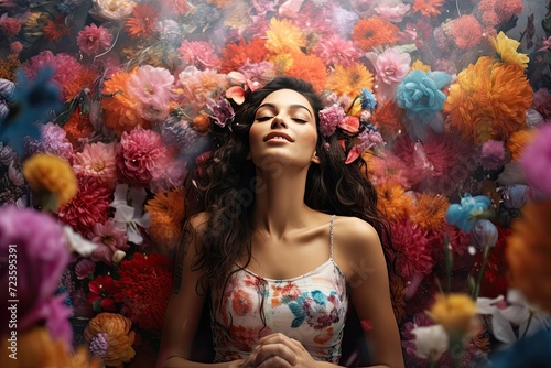 Color therapy: beautiful girl surrounded by bright flowers and repeating mantra for positive energy