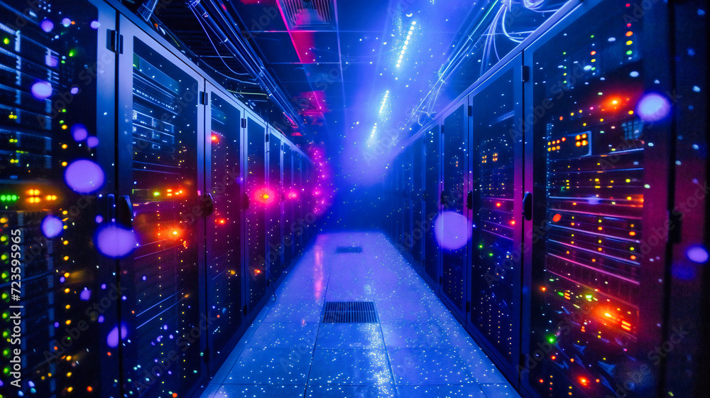 Modern Server Room in Digital Networking: Computing and Information Technology Concept with Blue Lighting Modern Server Room in Digital Networking: Computing and Information Technology Concept with Blue Lighting