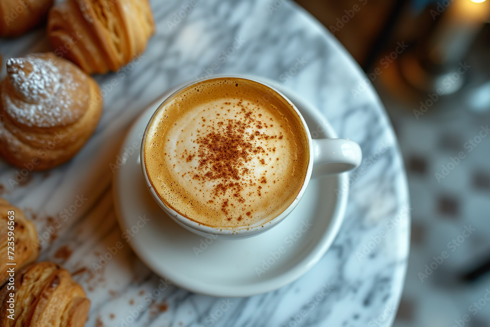 Cappuccino with cinnamon on marble table. Cappuccino with cinnamon on marble table.
