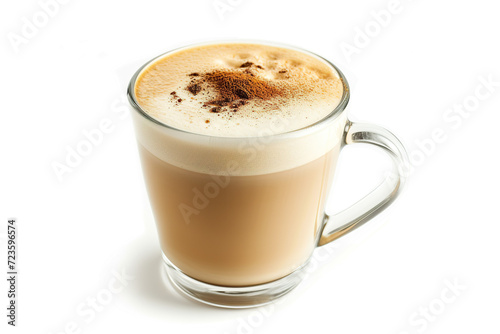 Frothy cappuccino in a clear glass mug.  photo