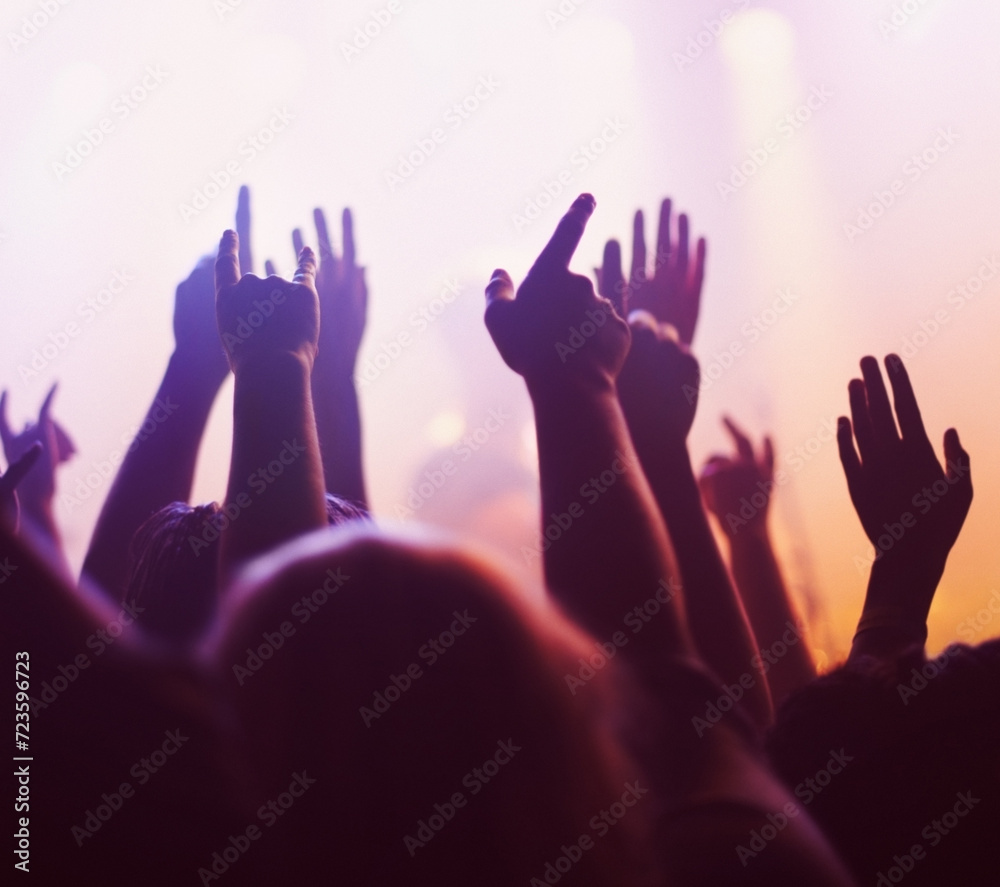 Rock concert, hands and music festival with people, energy and party with fun and entertainment. Freedom, dance or crowd screaming with excitement and social with audience or group with celebration