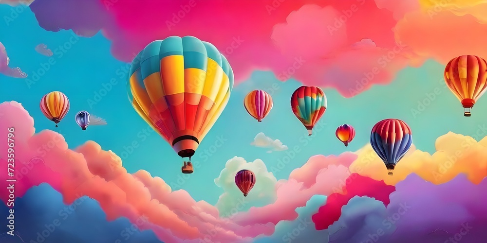 Naklejka premium hot air balloons A colorful hot air balloon festival, with balloons ascending into a brilliant blue sky. Generative Ai. A colorful hot air balloon festival at sunrise, balloons softly blurred against