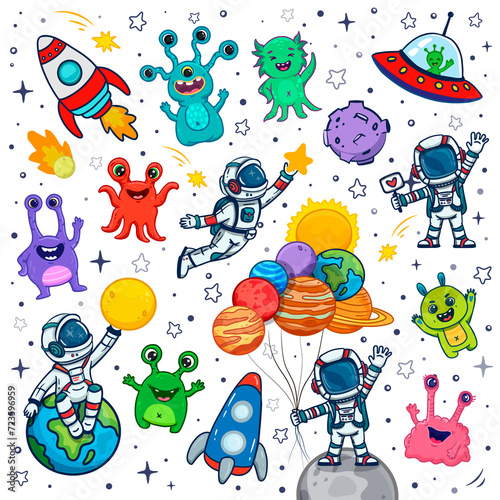  set of cosmos in doodle style: astronaut, planets, stars, rocket and alien, monster for design. Science space exploration.
