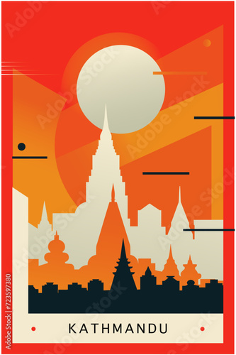 Kathmandu city brutalism poster with abstract skyline, cityscape retro vector illustration. Nepal capital town travel front cover, brochure, flyer, leaflet, business presentation template image