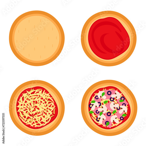 Stages of preparing pizza with ham and mushrooms. Vector graphics.
