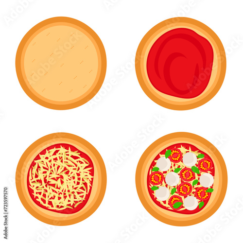 Stages of preparing Margherita pizza. Vector graphic.