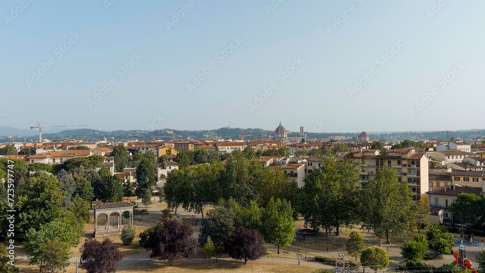 Florence, Italy. Cathedral Santa Maria del Fiore. Panoramic view of the city. Summer. Evening, Aerial View