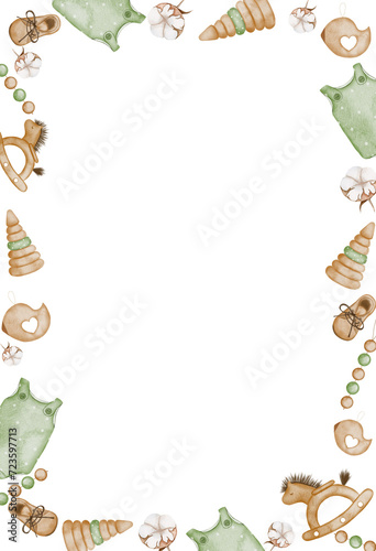 Baby toys watercolor frame. Hand drawn vertical template on isolated background with wooden retro objects. For greeting cards and baby shower invitations in pastel colors. Children's design