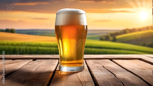 beer glass on a wooden background with blurred natural green fields and sunset background. photo
