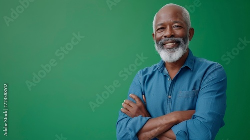 Happy, arms crossed and portrait of black man on green screen for confident, fashion and elegant style. Happiness, smile and senior with male model isolated