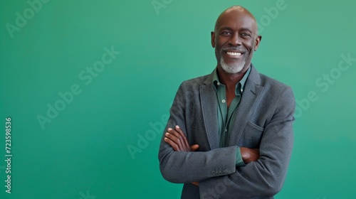 Happy, arms crossed and portrait of black man on green screen for confident, fashion and elegant style. Happiness, smile and senior with male model isolated