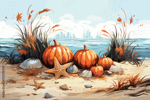 Abstract autumn landscape scene with Product stand and pumpkins. background. 3D Illustration