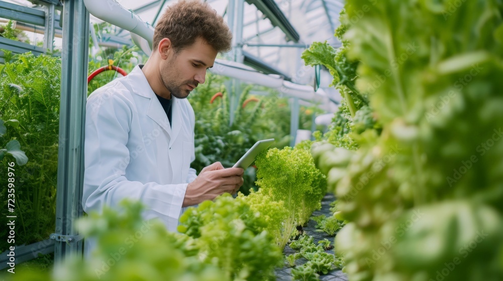 Professional Male Bioengineer Examining Crops on Modern Vertical Farm. Man With Tablet Computer Grows Organic Food or Plants In High-Tech Greenhouse.