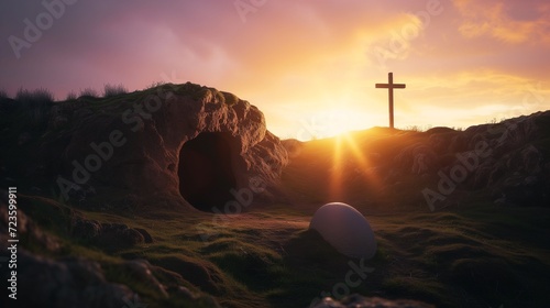 A peaceful sunrise scene outside an empty cave tomb with a solitary Christian cross overlooking a mountainous landscape.