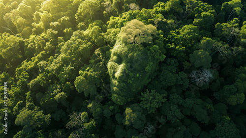 The face of nature. Forest in the shape of a happy human face. Top view of the forest