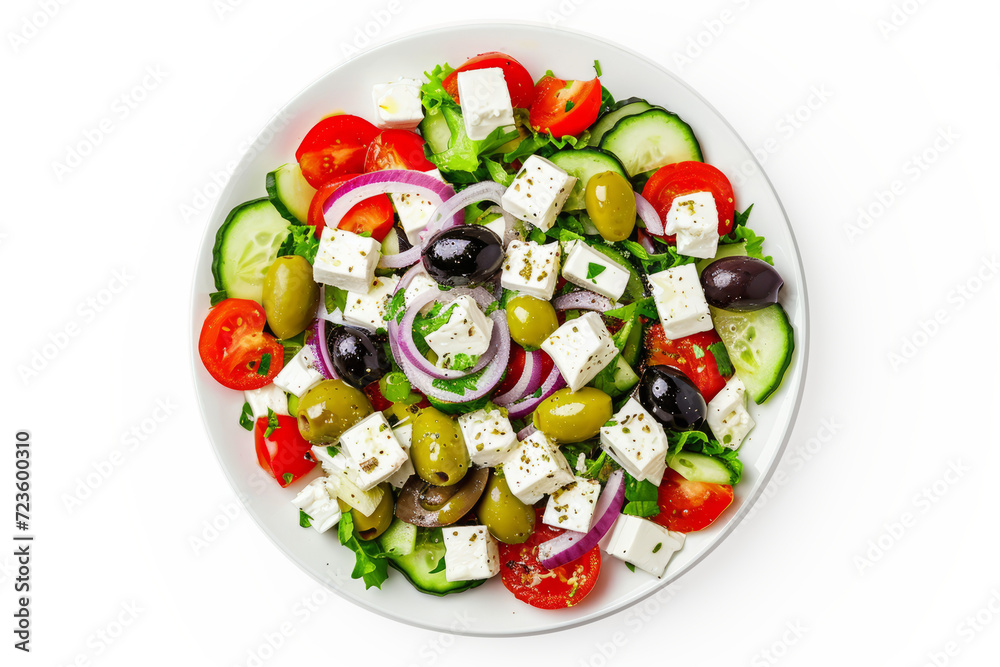 Greek salad with feta cheese, olives and crispy vegetables, white background Greek salad with feta cheese, olives and crispy vegetables, white background