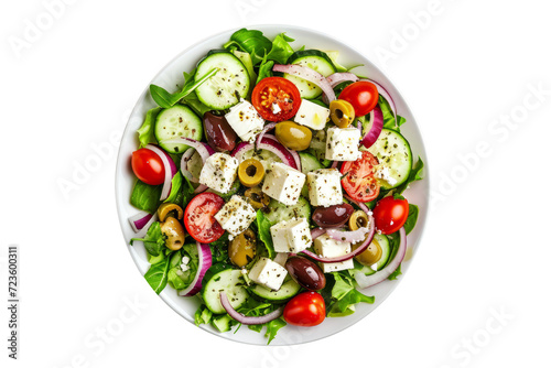 Greek salad with feta cheese, olives and crispy vegetables, white background