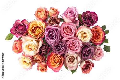 top down view of a luxurious bouquet of roses of different shades  composition on a white background