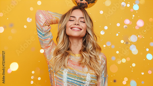 Blonde model wearing festive make up and big earrings posing with glitter disco ball on isolated yellow background. Positivity and disco party concept, copy space, New Year party, Birthday, Advert