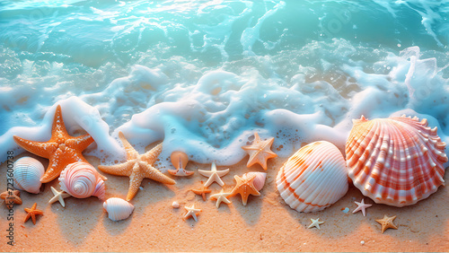 Sea sand with starfish and seashells.