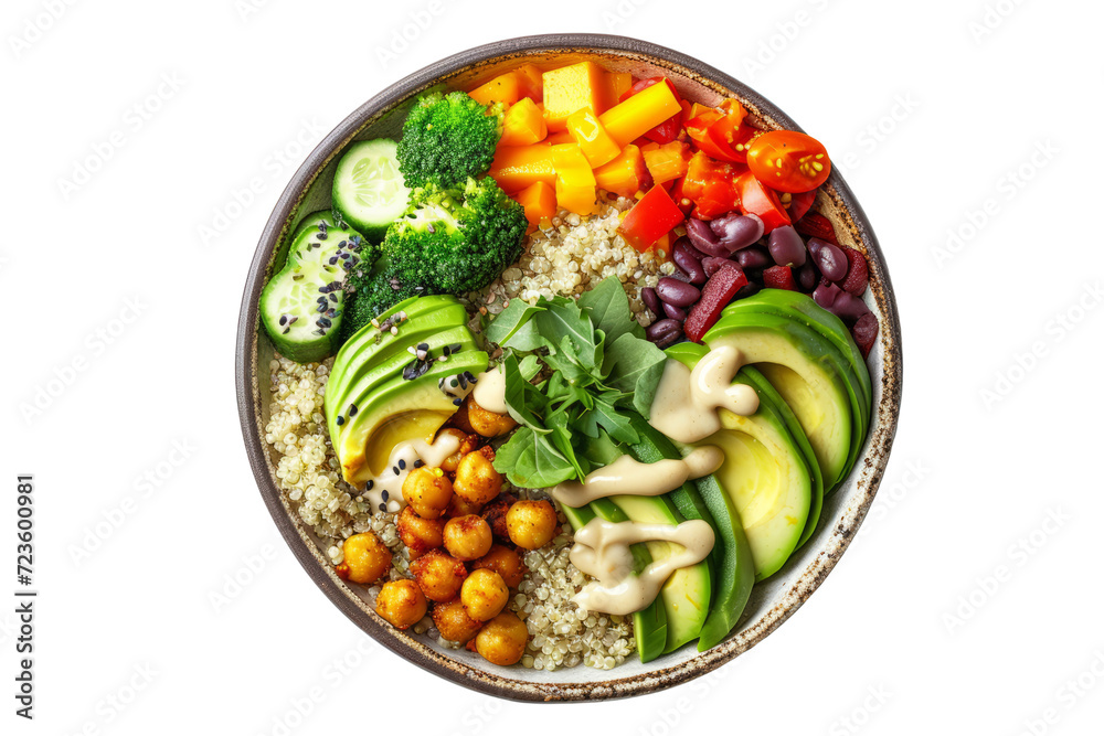 on top of a Buddha bowl, showcasing a nutritious assortment of quinoa, roasted vegetables, avocado and a dash of tahini for a healthy vegetarian food concept.