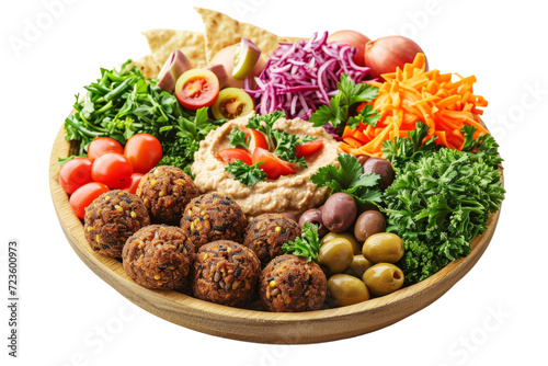 vegetarian dish in mediterranean style with falafel, hummus, olives and fresh vegetables, representing healthy food, isolated on white background.