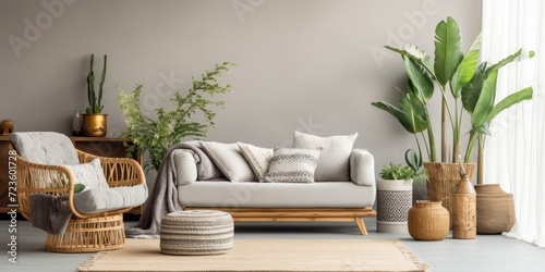Stylish home decor with a modern and bohemian composition featuring a gray sofa, rattan armchair, wooden cubes, plaid, tropical plant, macrame, and elegant accessories. Template.