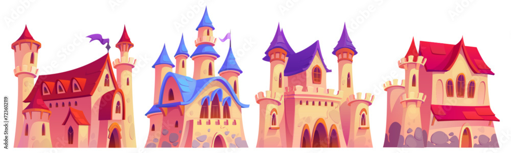 Magic medieval royal castle with flag on tower, windows and gate for children book story or game ui design. Cartoon vector illustration set of fantasy fairytale ancient kingdom fortress palace or fort