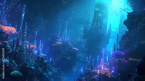 Explore the enchanting depths of an otherworldly underwater city, where luminescent coral formations illuminate the mysterious metropolis. Immerse yourself in this mesmerizing 3D abstract di