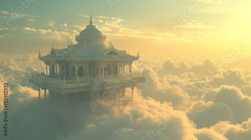 Discover the ethereal beauty of a mystical temple, suspended high above in the clouds. Marvel at the intricate architecture and serene atmosphere of this breathtaking sanctuary. Ideal for ca