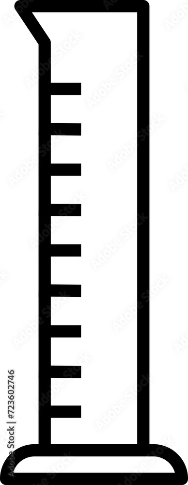 Transparent PNG vector image of a glass graduated cylinder. The graduated cylinder is depicted in a black outline, showcasing its tall and slender shape, with measurement markings.