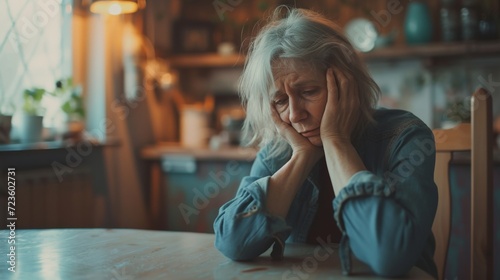 Unhappy old Caucasian woman sit at table at home cry feeling depressed sad suffer from life or health problems. Upset lonely mature female distressed with loneliness solitude, mourn yearn at home. photo