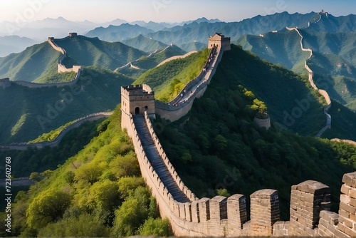 Aerial drone shots capturing The Great Wall from above, Majestic Great Wall of China at sunset, aerial view photo