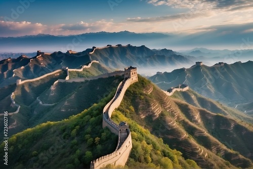 Aerial drone shots capturing The Great Wall from above, Majestic Great Wall of China at sunset, aerial view photo