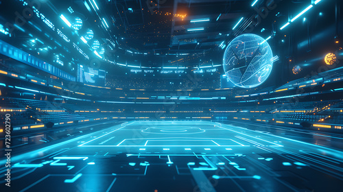 An immersive glimpse into the future of sports, this stunning 3D render depicts a futuristic sports arena adorned with mesmerizing holographic displays. A perfect blend of technology and ath