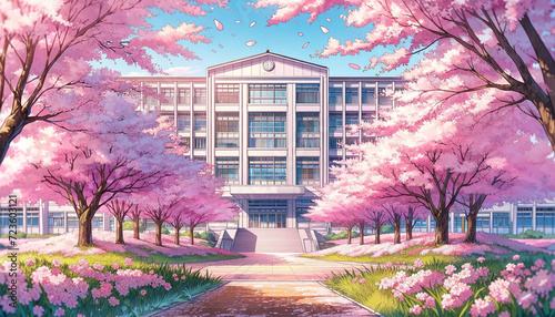 春の学校の校舎と桜 