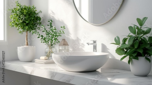 Contemporary bathroom with sleek marble counter and natural green accents for a fresh  modern look.