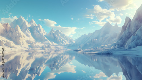 A breathtaking abstract 3D rendered landscape featuring a dazzling mirror reflecting the surreal beauty of nature. This stunning image blends creativity and reality, captivating viewers with