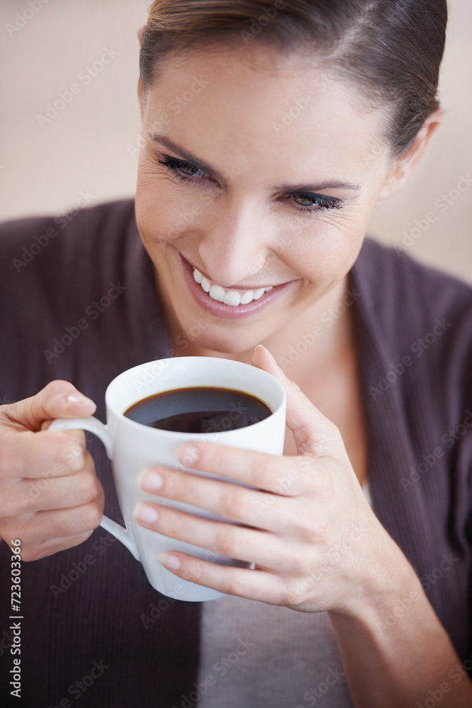 Coffee, happy and above of woman in home with thoughtful, wondering face and relax. Morning, breakfast and person smile with mug drinking tea, caffeine and hot beverage in living room for wellness Coffee, happy and above of woman in home with thoughtful, wondering face and relax. Morning, breakfast and person smile with mug drinking tea, caffeine and hot beverage in living room for wellness