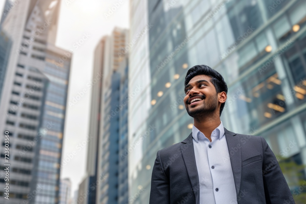 A young Indian businessman stands in an urban setting and thinks of business opportunities A young Indian businessman stands in an urban setting and thinks of business opportunities